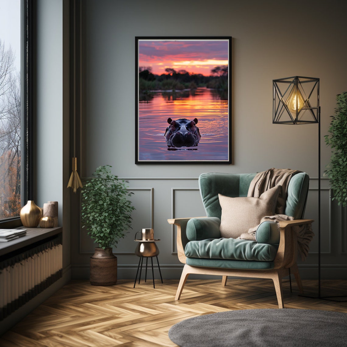 Lone Hippo Rising at a Pink Purple Sunset Over Still Water Poster - Image 2