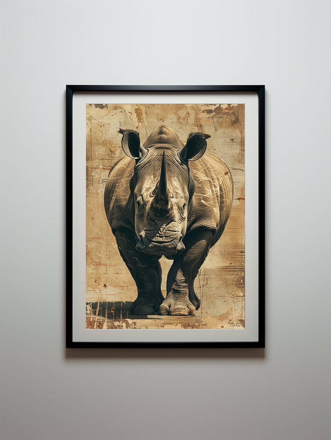 Charging Rhino Portrait on Weathered Vintage Parchment Poster - Image 6