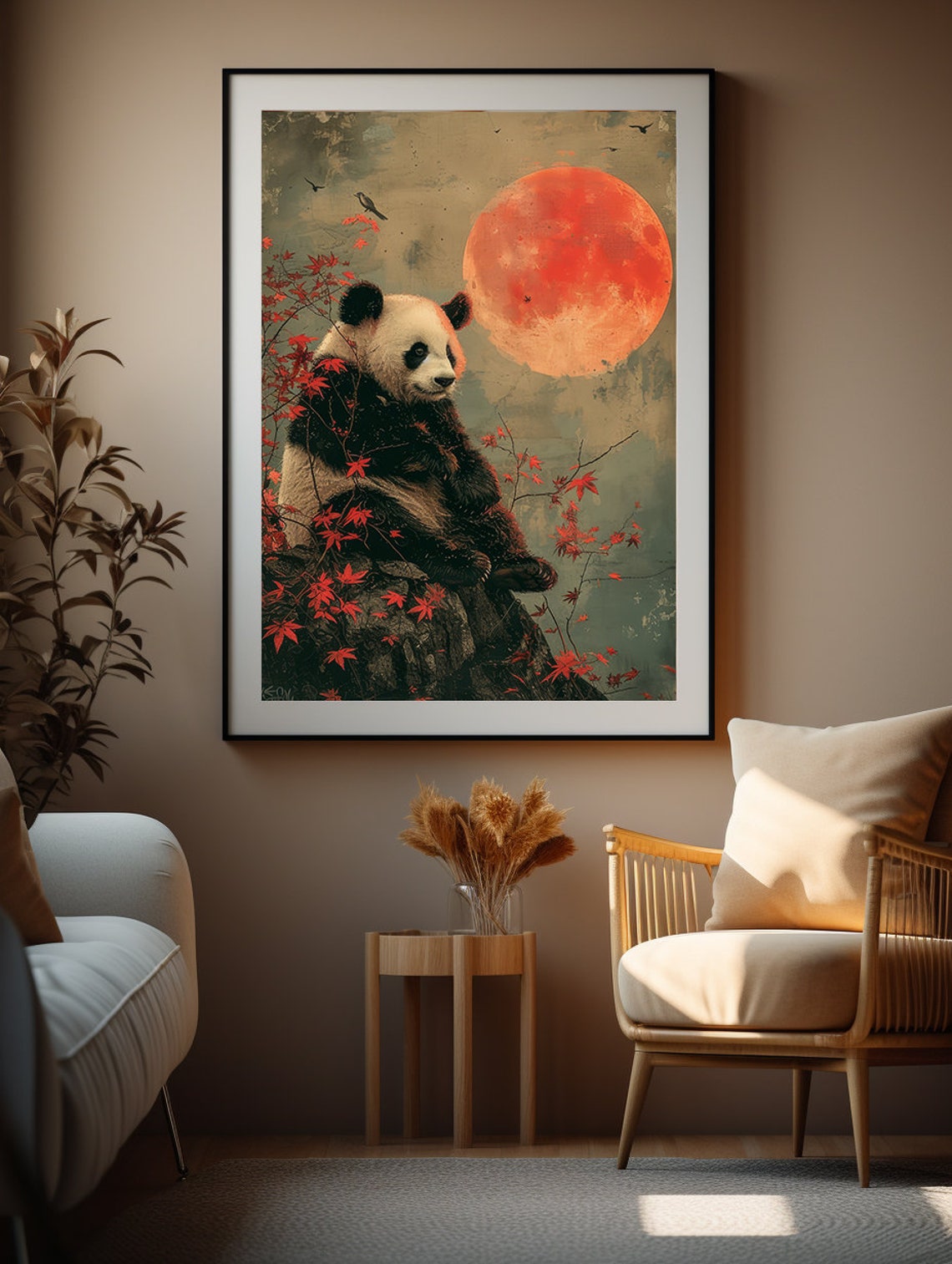 Panda Sitting on a Rocky Perch Beneath a Giant Glowing Red Moon Poster
