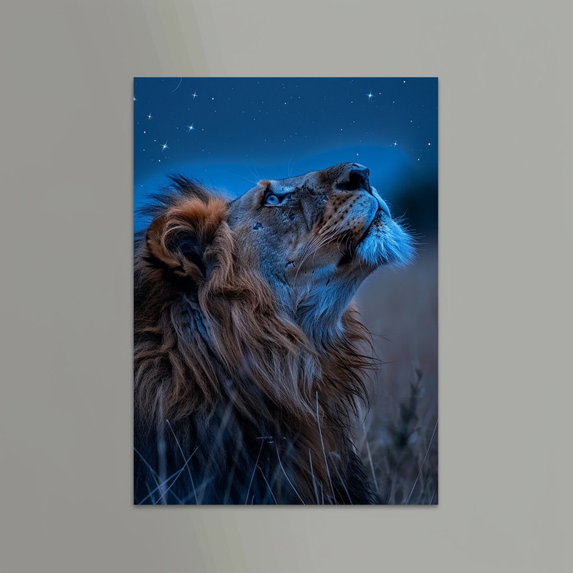 Lion Gazing Up at a Sparkling Starry Midnight Blue Night Sky Poster - Image 6
