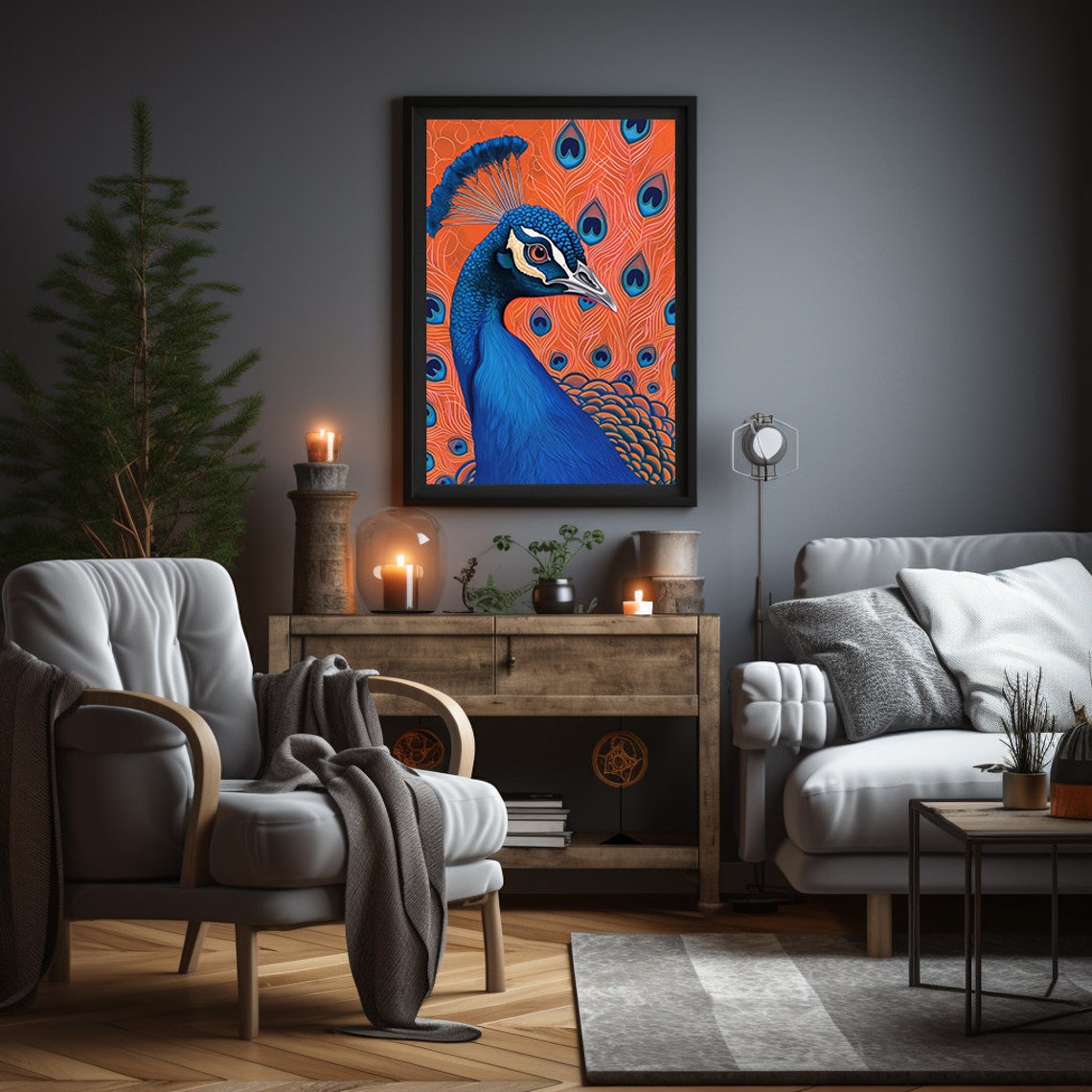 Vibrant Blue Peacock Head on a Fiery Orange Background Poster - Image 3