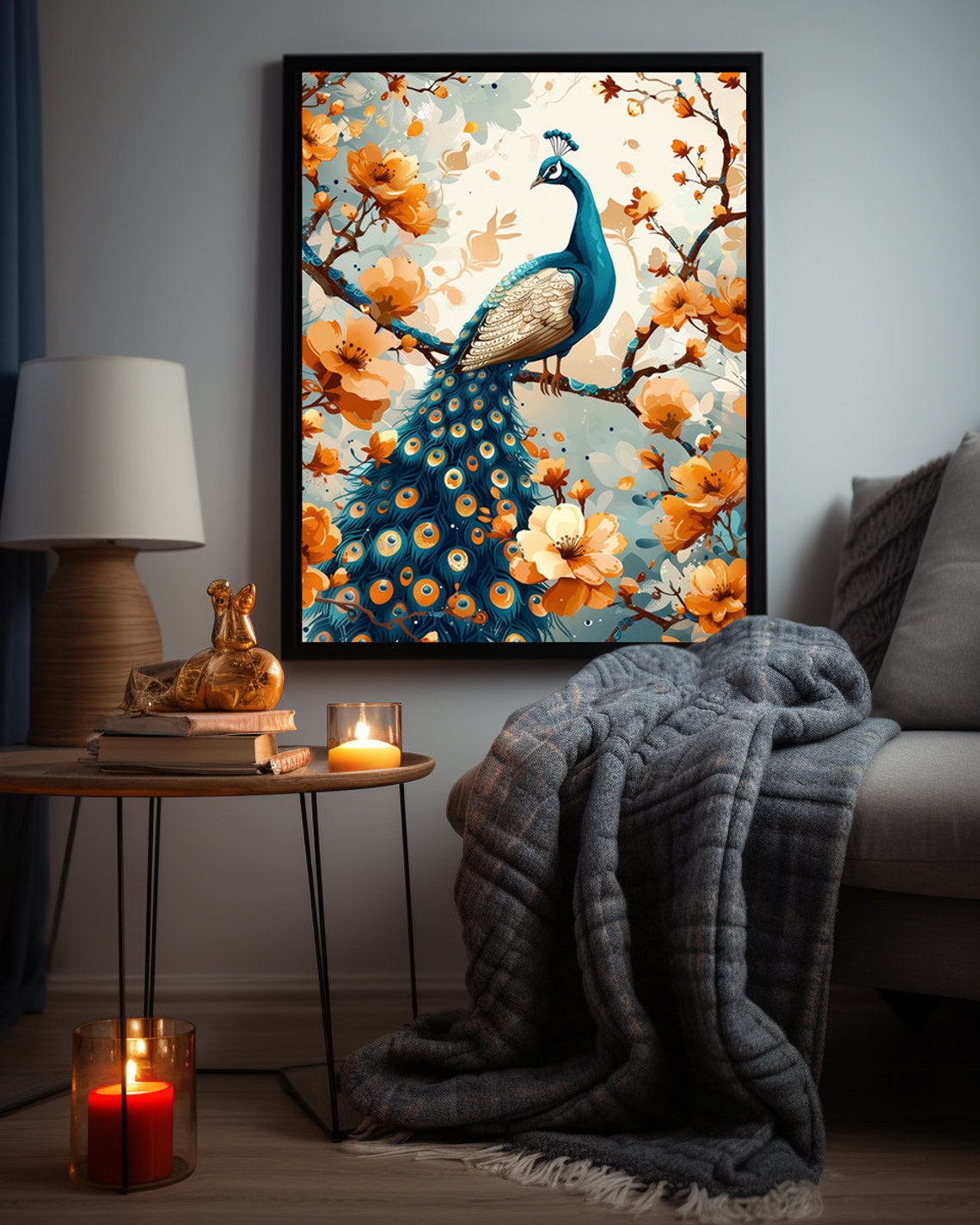 Blue Peacock Surrounded by Amber Blossoms on a Golden Branch Poster - Image 7