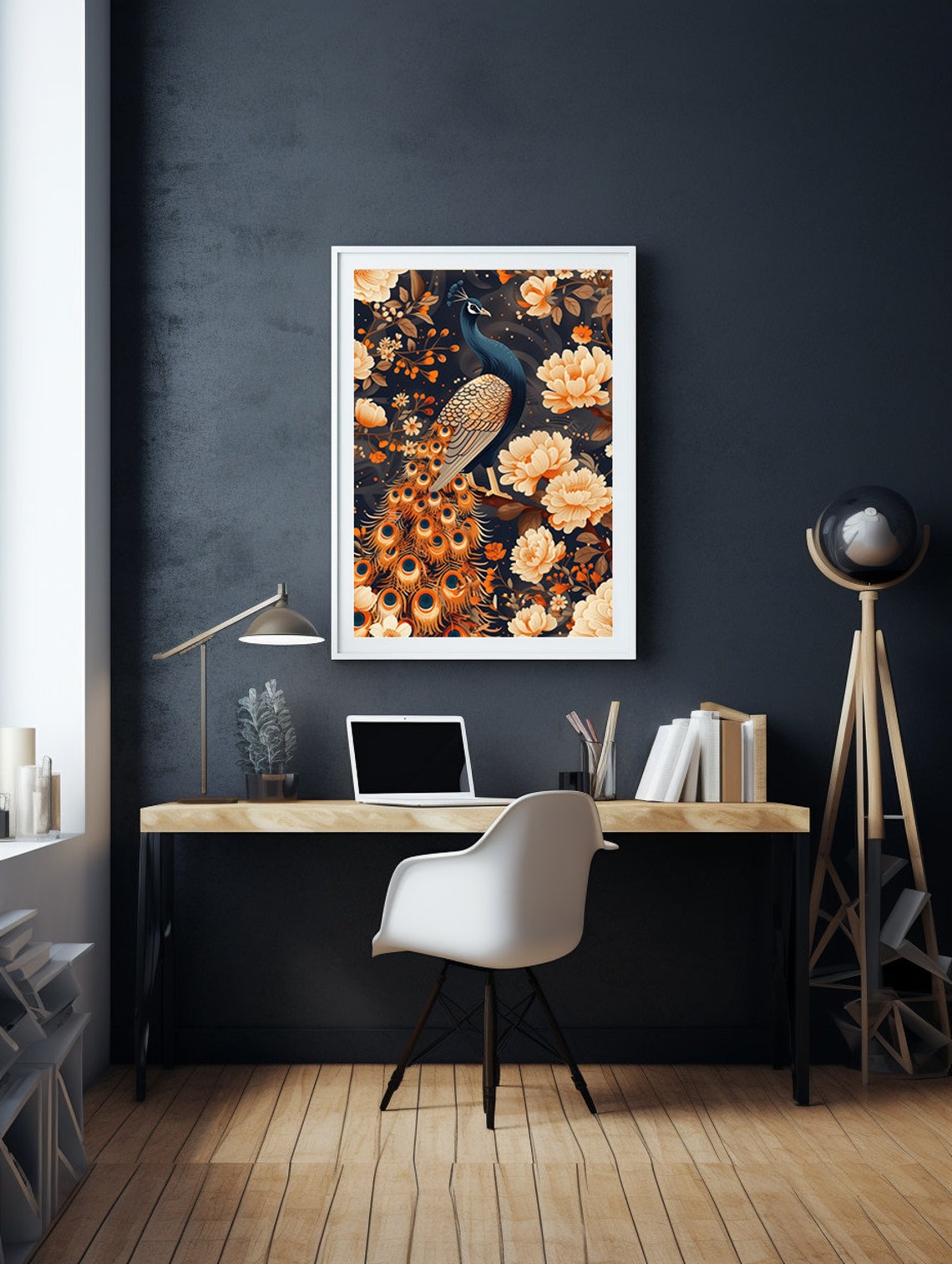 Peacock Among Cream Peonies and Blossoms on Dark Navy Poster - Image 5