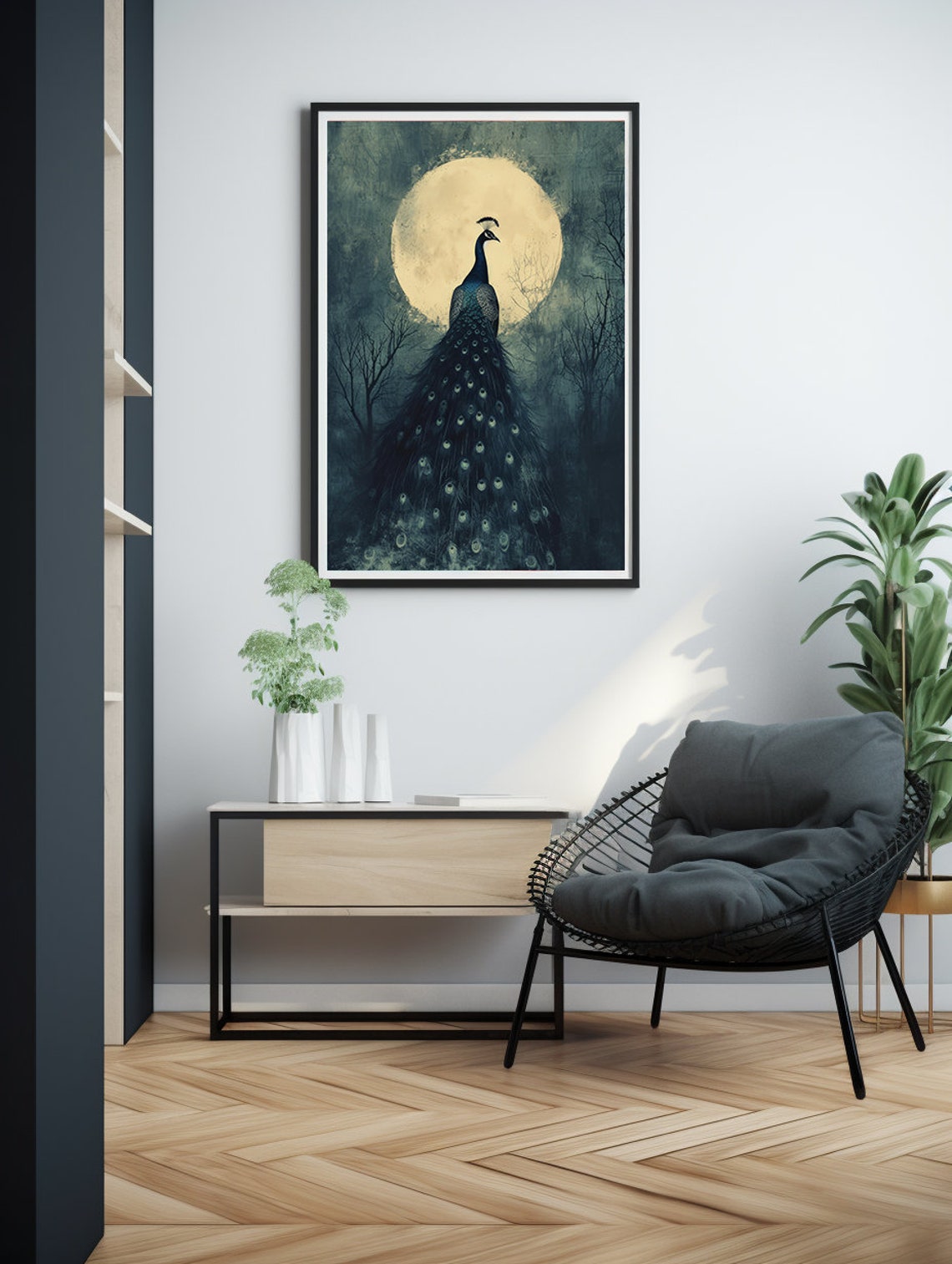 Dark Peacock Silhouette Standing Beneath a Glowing Full Moon Poster - Image 2