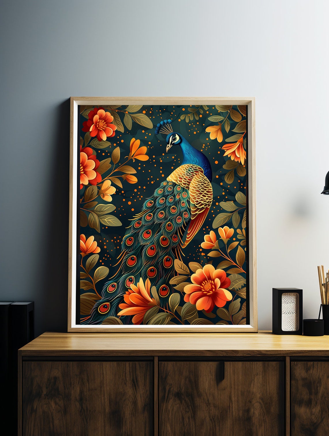 Teal Peacock With Glowing Orange Flowers on Midnight Blue Poster - Image 3
