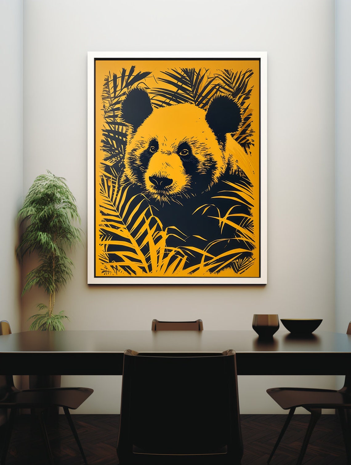 Bold Yellow and Black Pop Art Panda Head in Tropical Leaves Poster - Image 4
