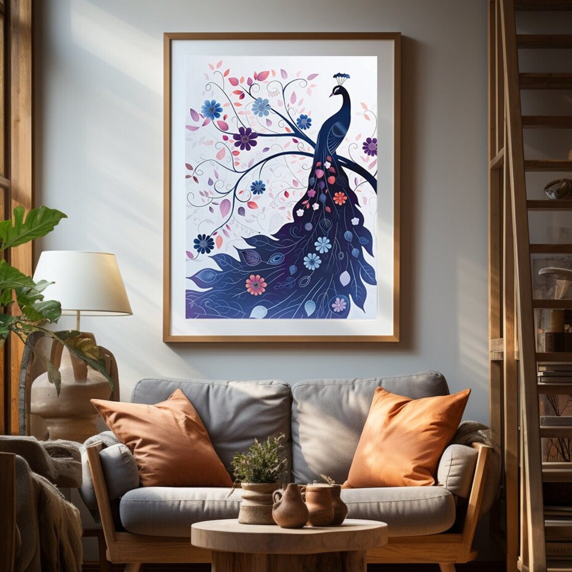 Indigo Peacock Silhouette Wrapped in Swirling Floral Vines Poster - Image 2