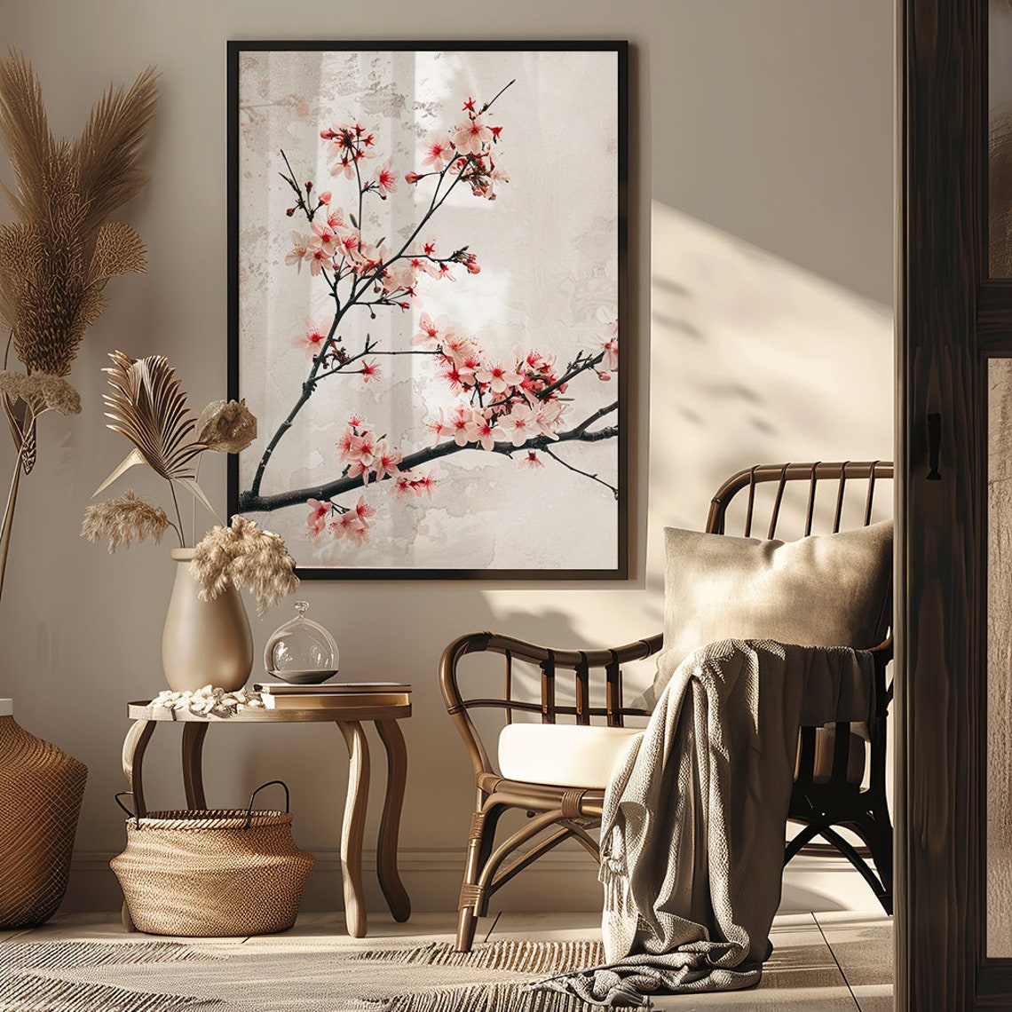 Delicate Pink Cherry Blossom Branch on Soft Vintage Paper Poster - Image 6