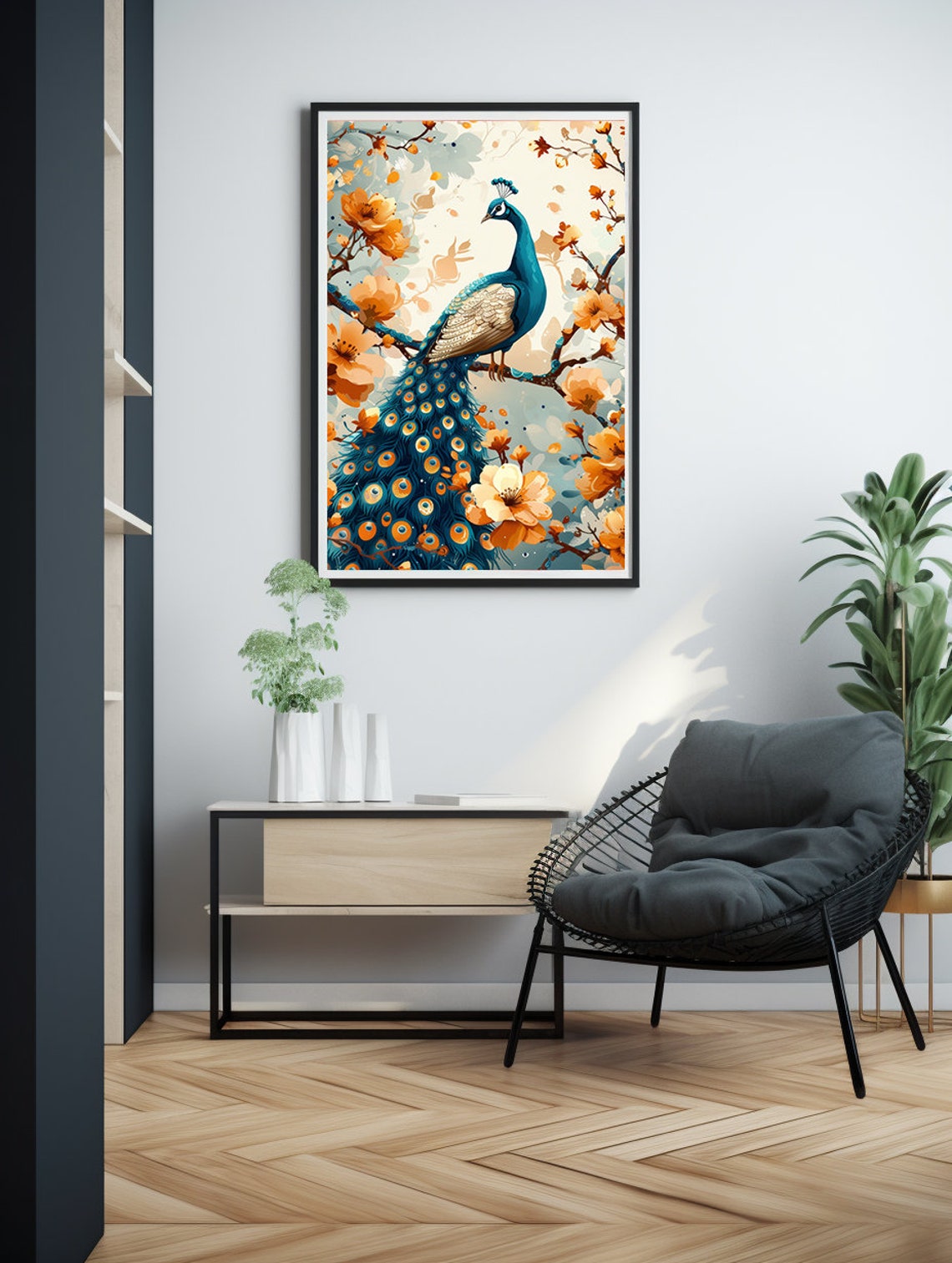 Blue Peacock Surrounded by Amber Blossoms on a Golden Branch Poster - Image 6