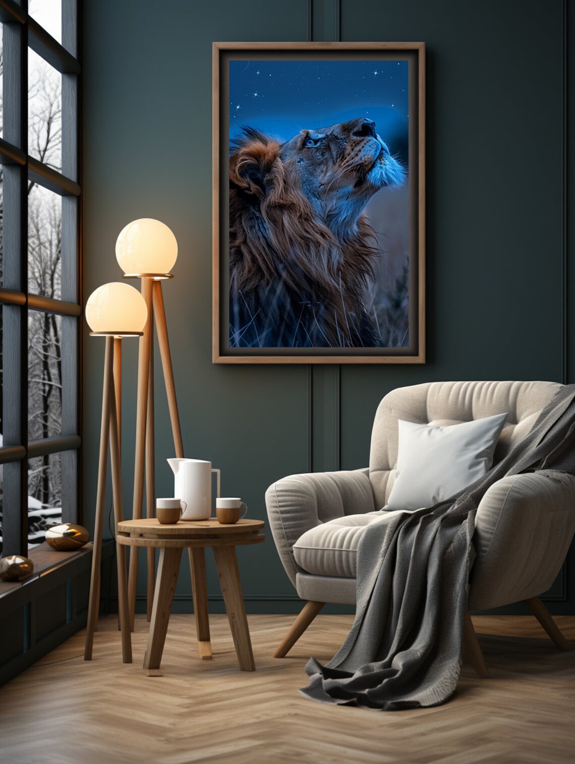 Lion Gazing Up at a Sparkling Starry Midnight Blue Night Sky Poster - Image 5