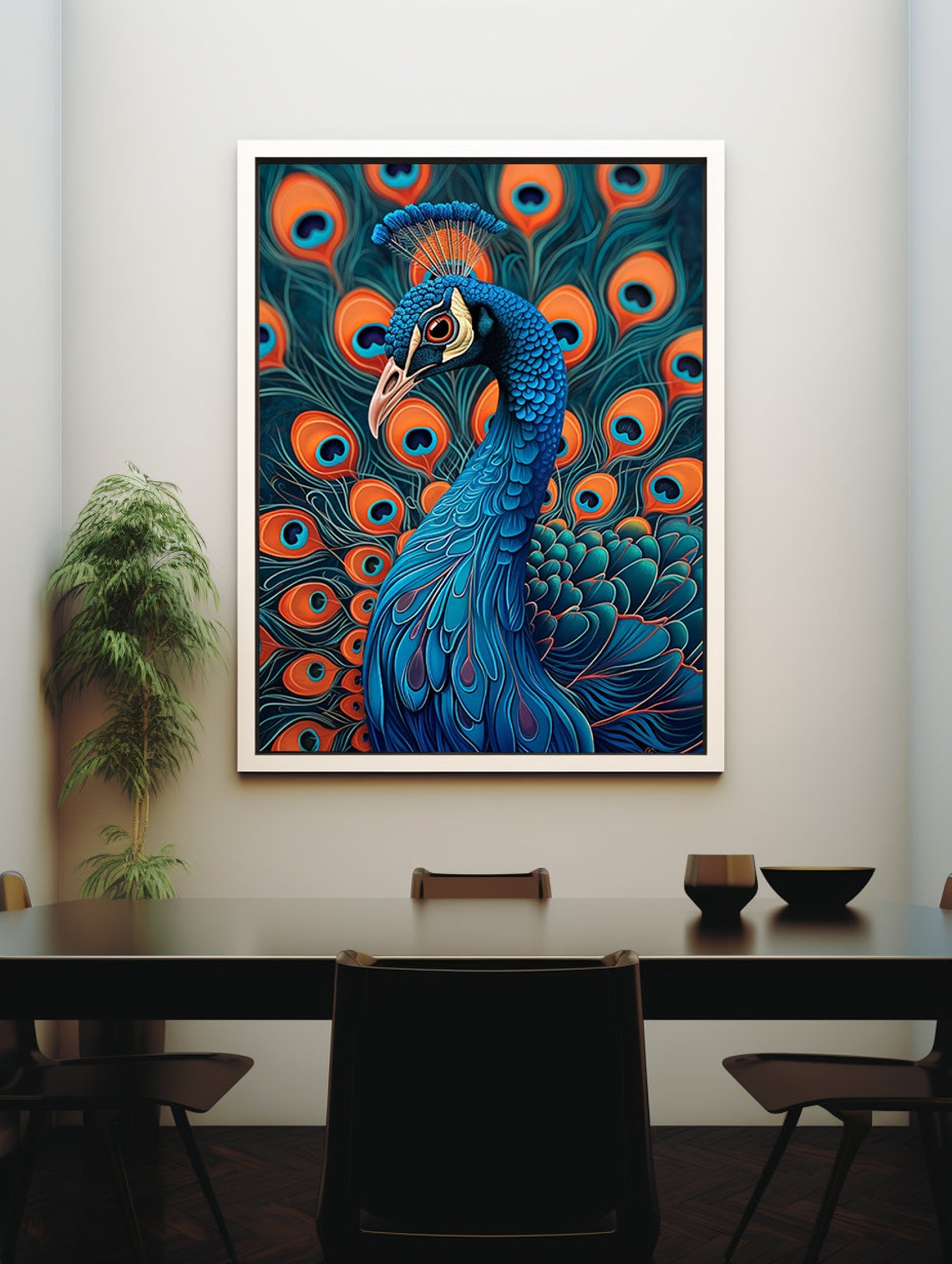 Blue Peacock Head Rising Over a Turquoise Feather Fan Poster - Image 7
