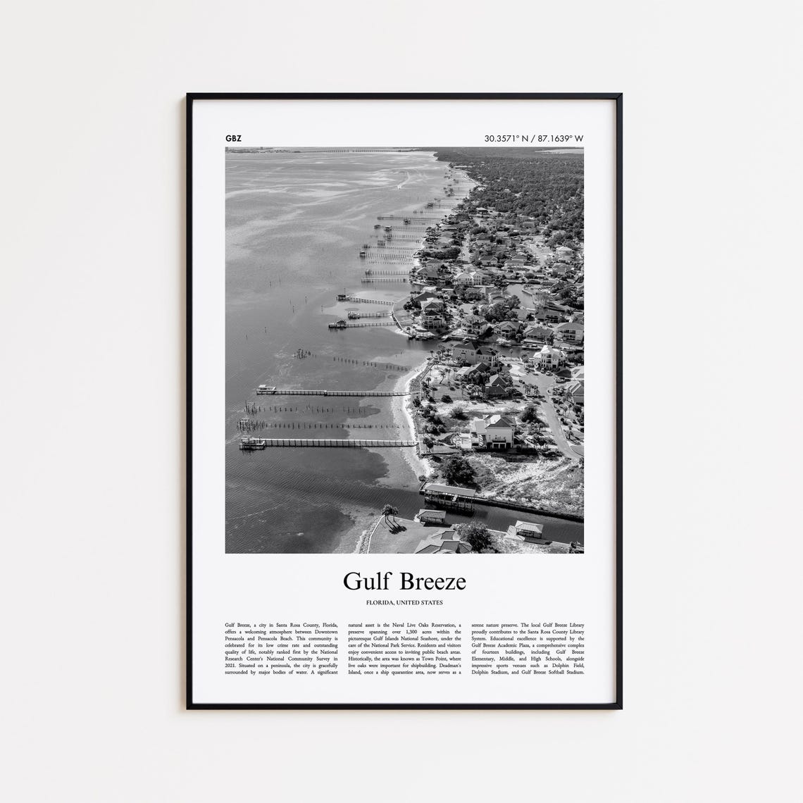 Gulf Breeze Florida Black And White Aerial Coastline Photo Poster