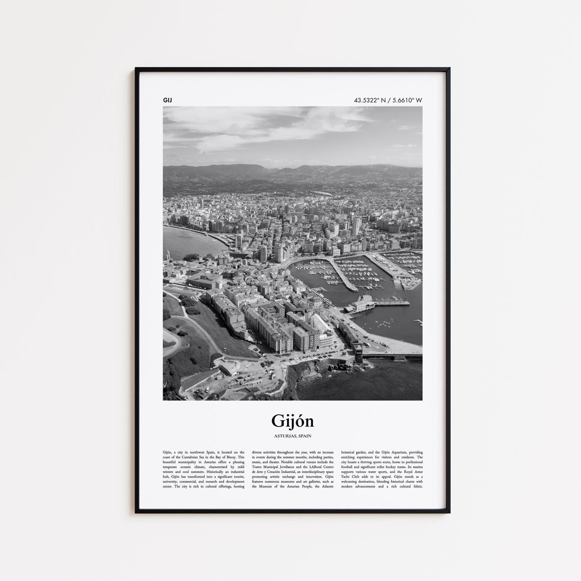 Gijon Spain Black and White Harbor Aerial Bay View Photo Poster