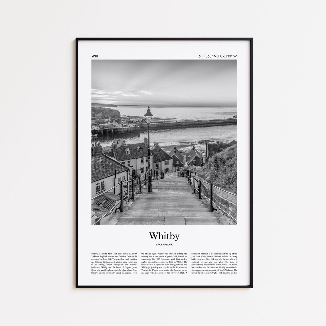 Whitby England Black and White Harbor Photography Travel Poster