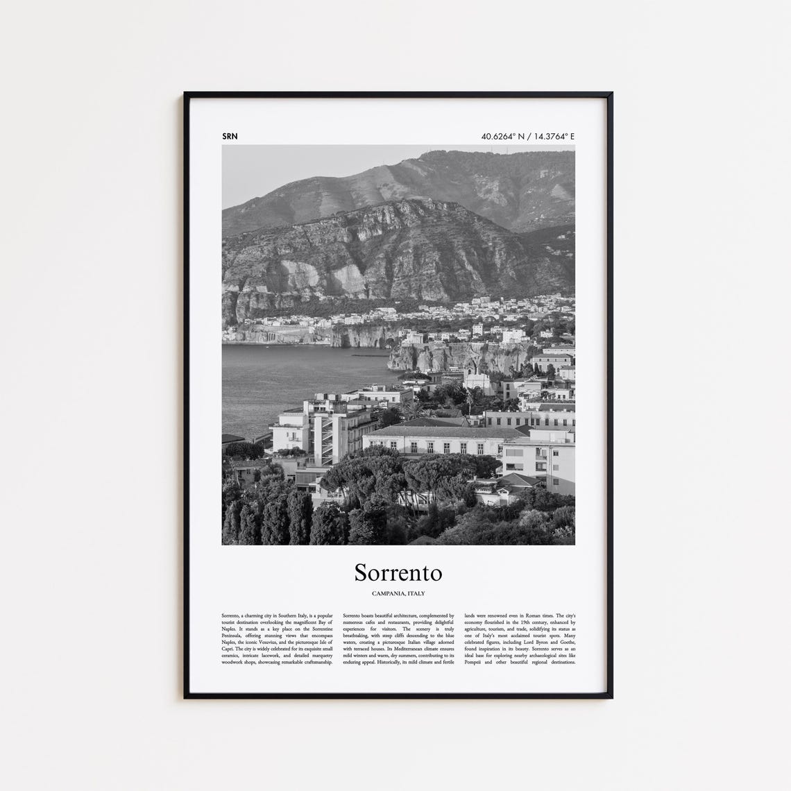 Sorrento Italy Black and White Coastal Cliffs Photography Poster