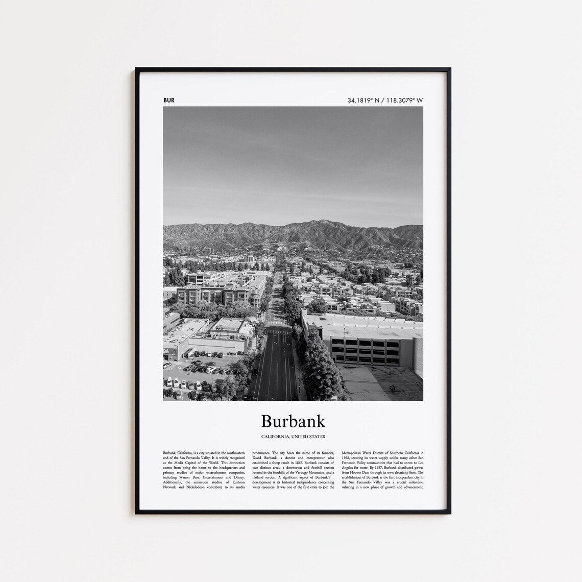 Burbank California Black And White Aerial City Photo Travel Poster
