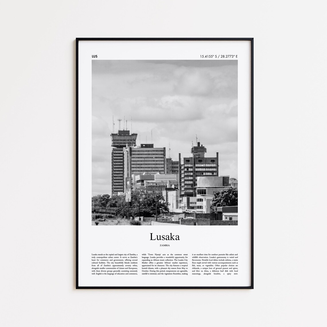 Lusaka Zambia Black And White Skyline Travel Photography Art Poster