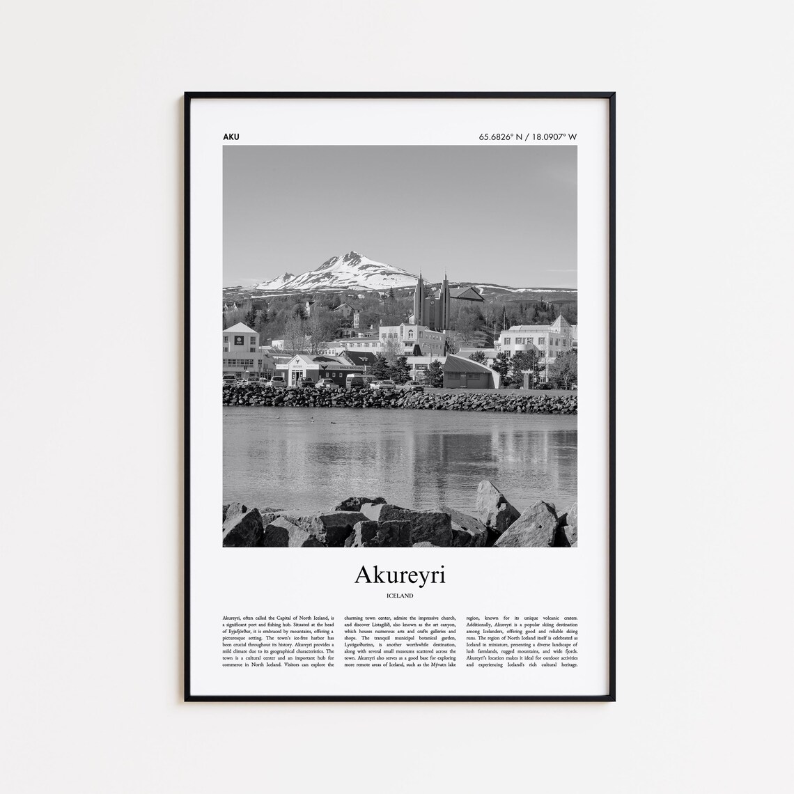 Akureyri Iceland Harbor Mountain Black And White Travel Poster