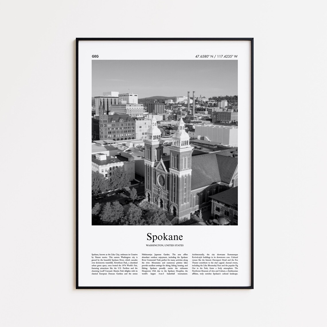 Spokane Washington Downtown Aerial Black And White Travel Poster
