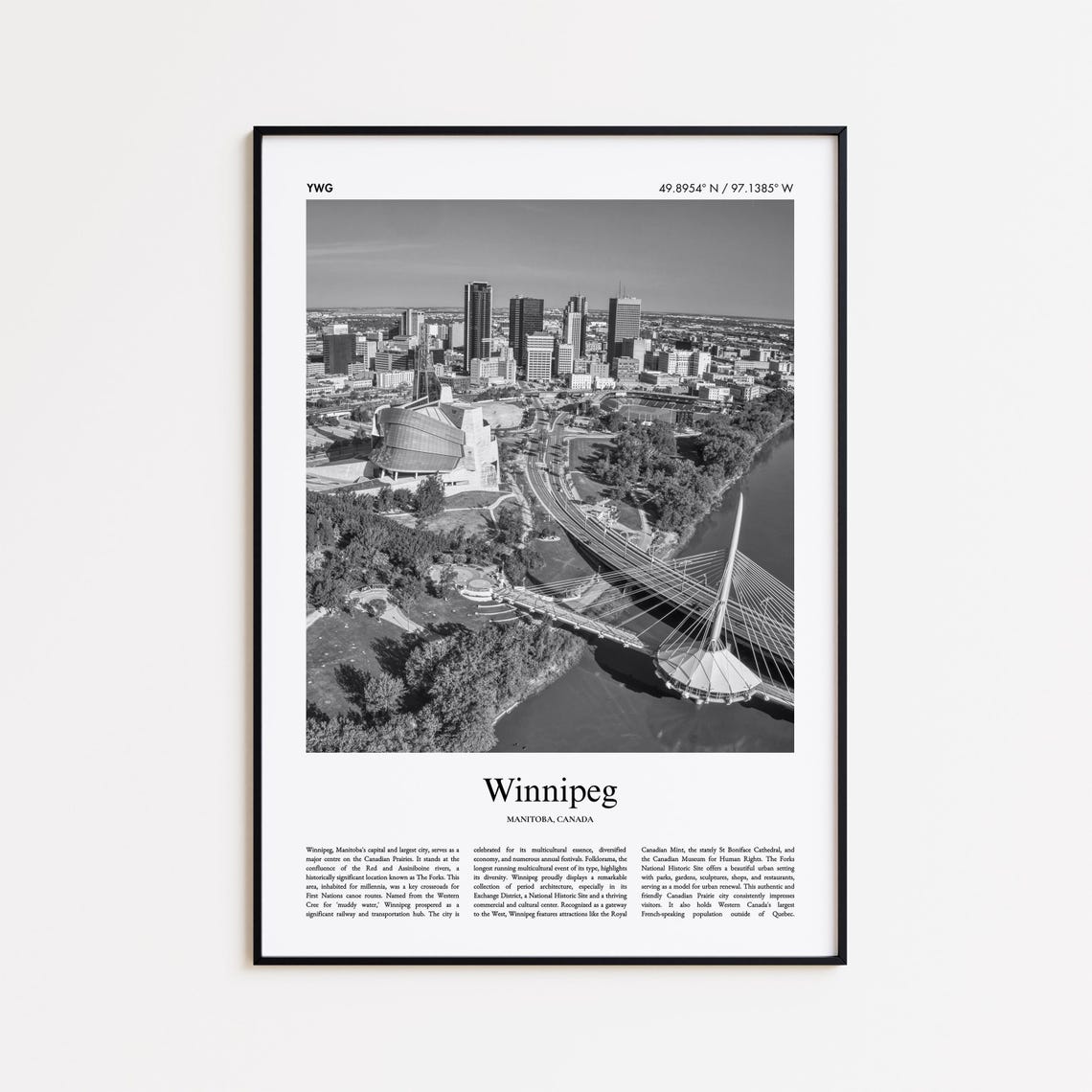 Winnipeg Manitoba Canada Black And White Skyline Travel Photo Print