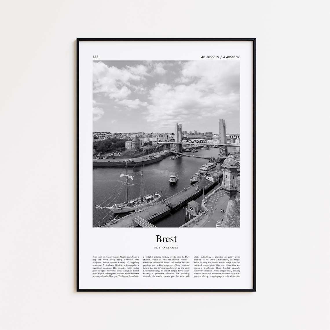 Brest France Black and White Harbor Photography Travel Poster