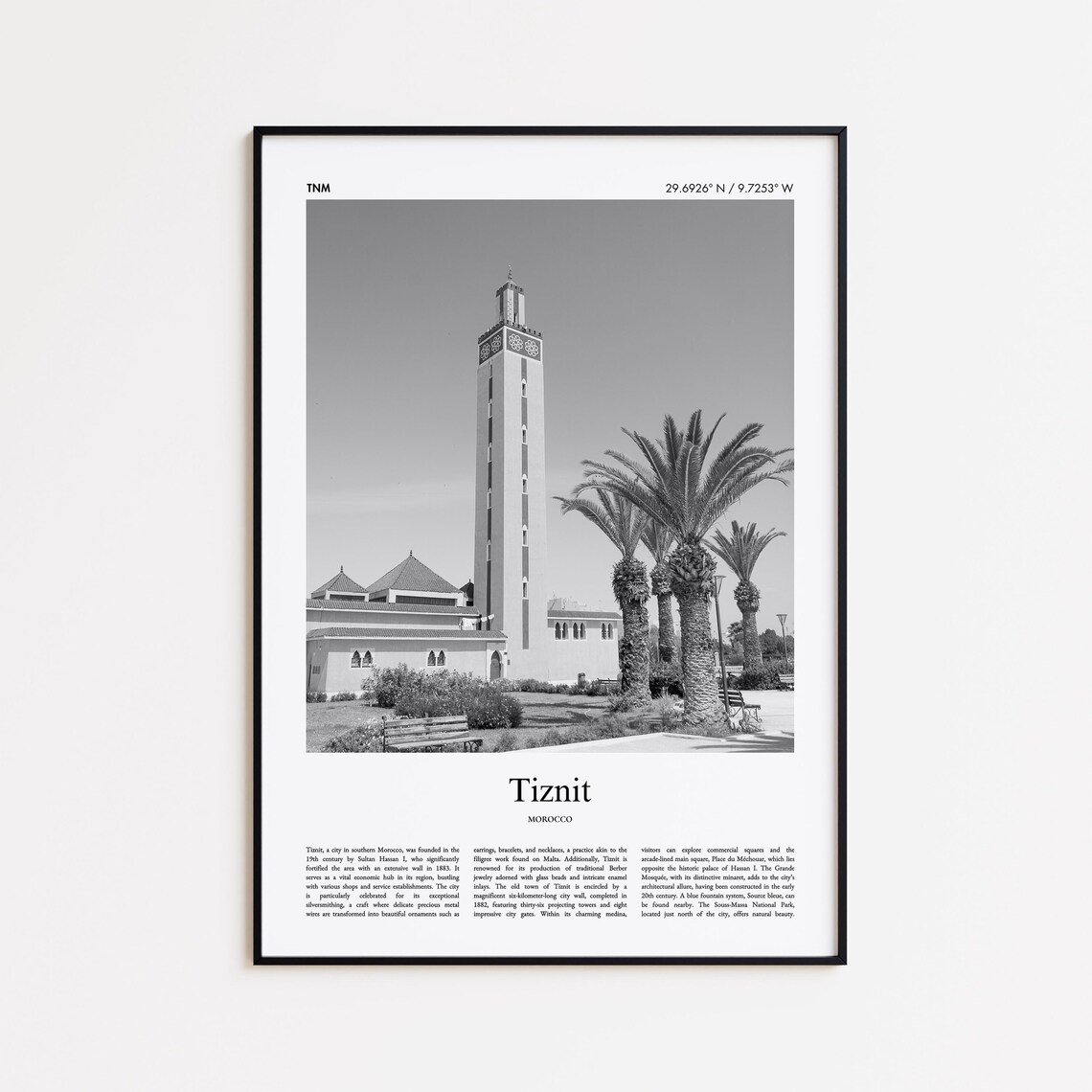 Tiznit Morocco Black and White Minaret Mosque Travel Photography Poster