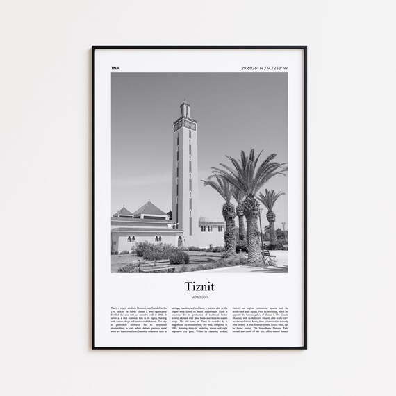 Tiznit Morocco Black and White Minaret Mosque Travel Photography Poster