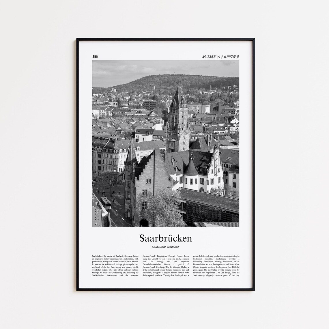 Saarbrucken Germany Historic Old Town Black and White Photo Poster