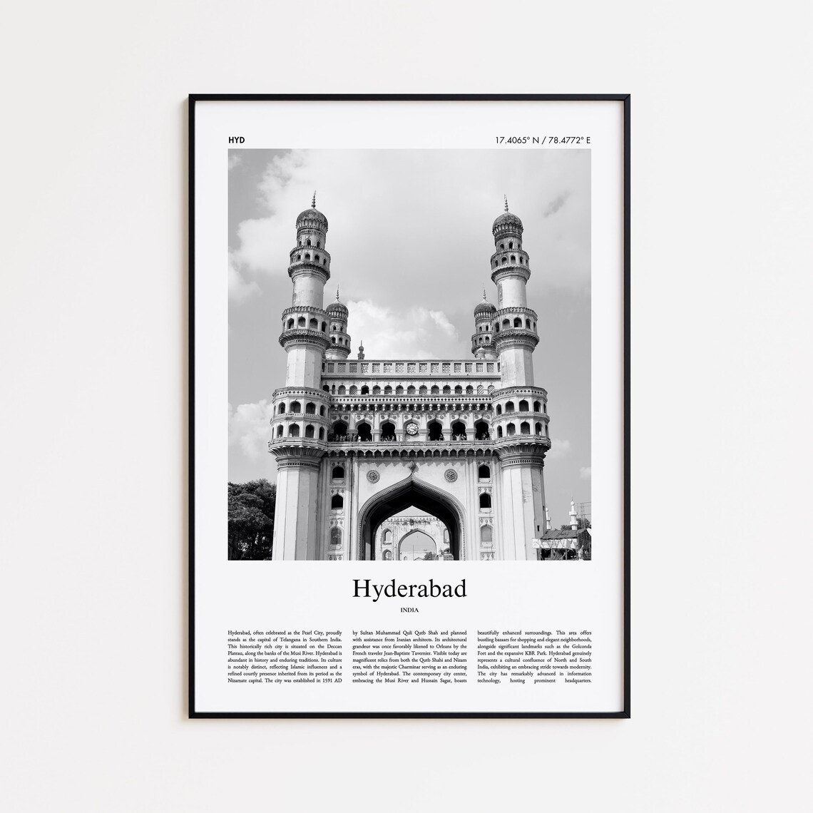 Hyderabad India Black And White Charminar Travel Photography Poster