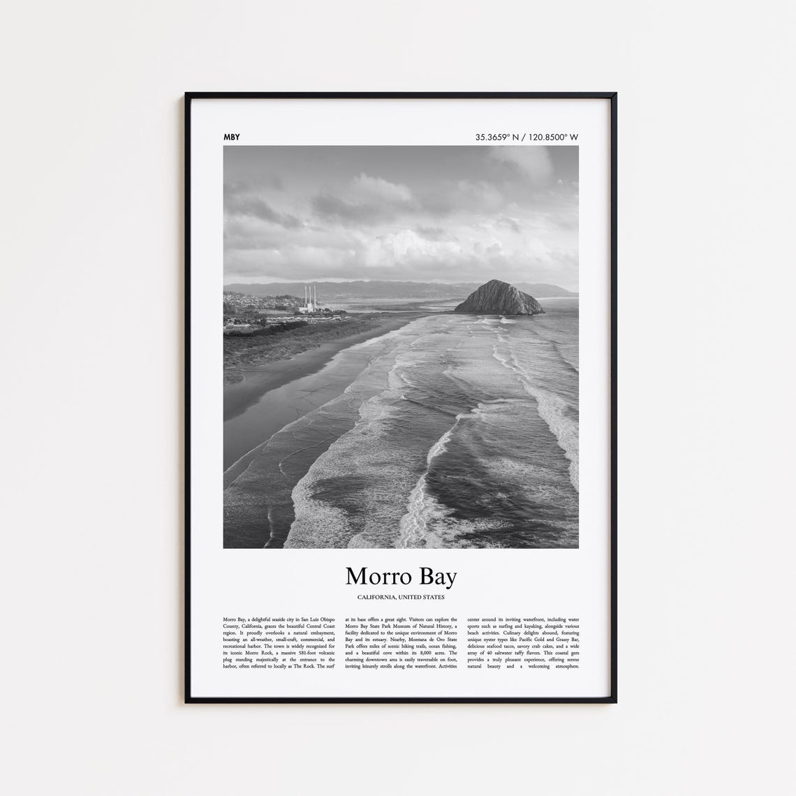 Morro Bay California Beach Rock Black And White Surf Photo Poster