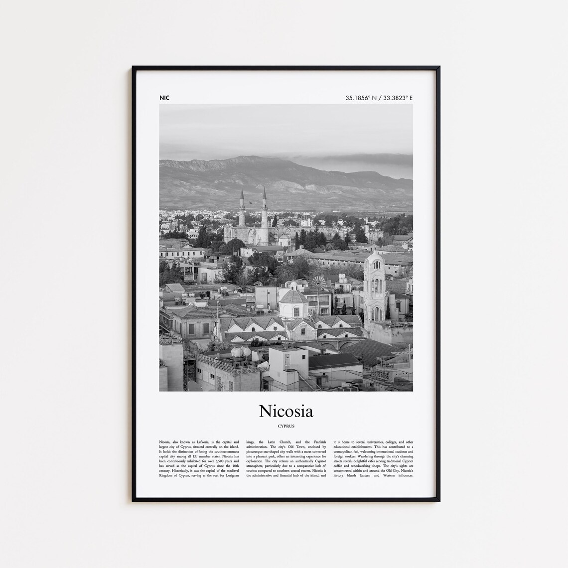 Nicosia Cyprus Black and White Old Town Photo Travel Poster View