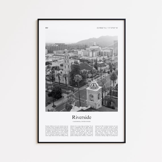 Riverside California Black and White Downtown Photo Travel Poster