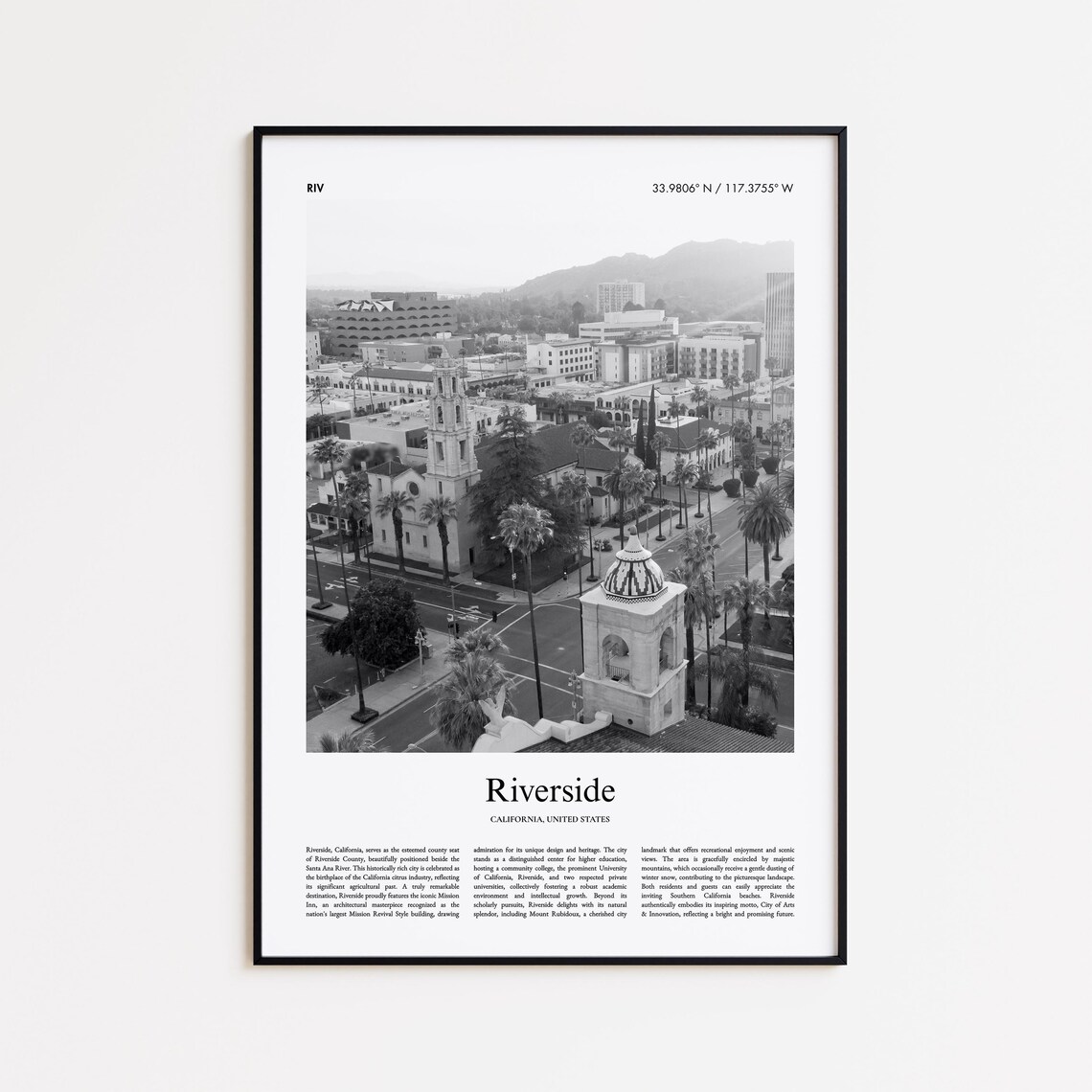 Riverside California Black and White Downtown Photo Travel Poster