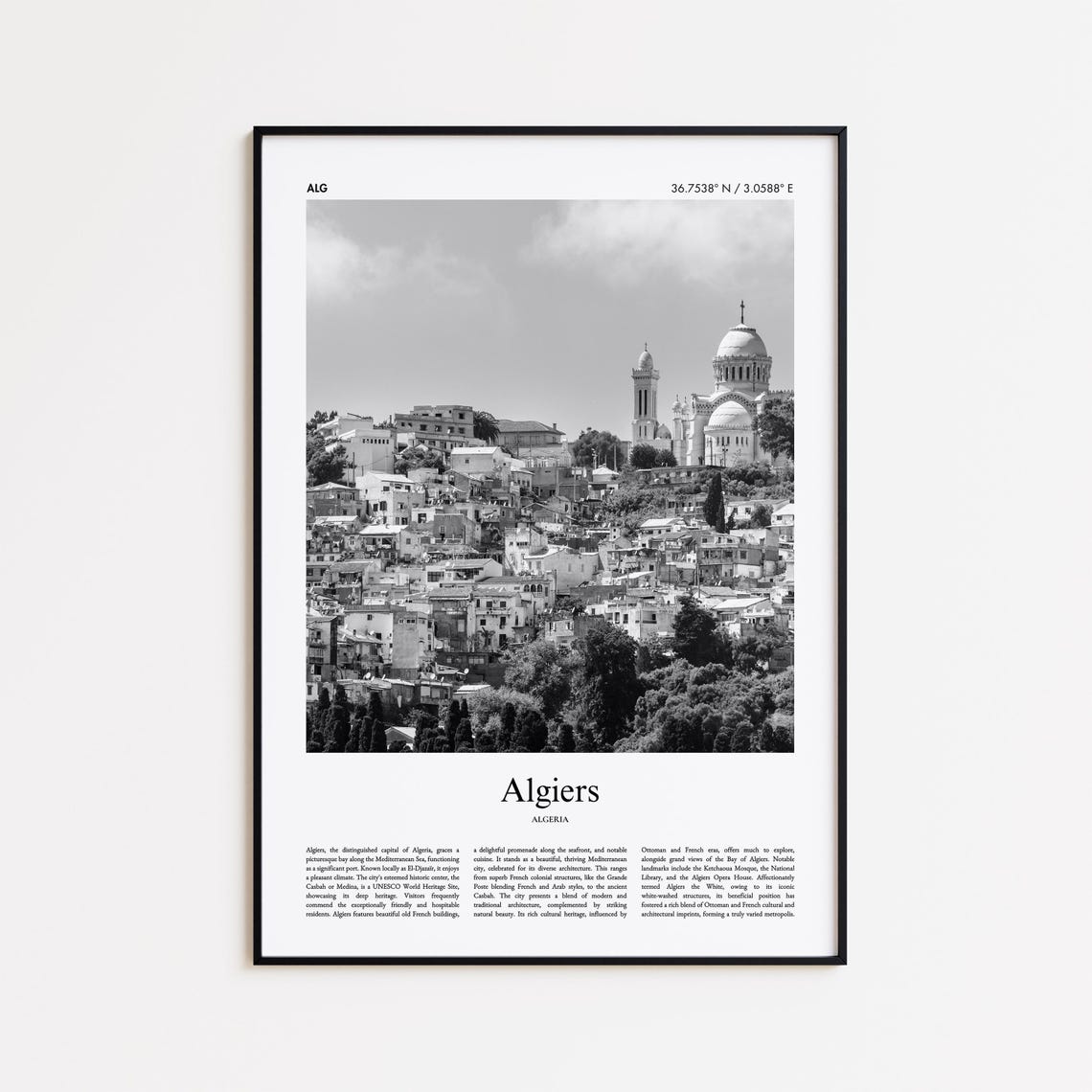 Algiers Algeria Mediterranean Cityscape Black and White Travel Poster