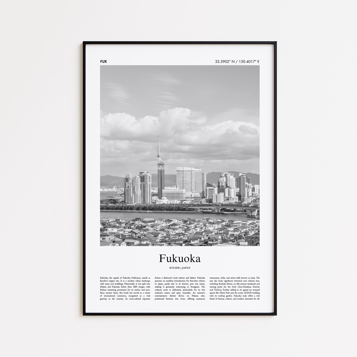 Fukuoka Japan Skyline Black And White Photo Travel City Poster