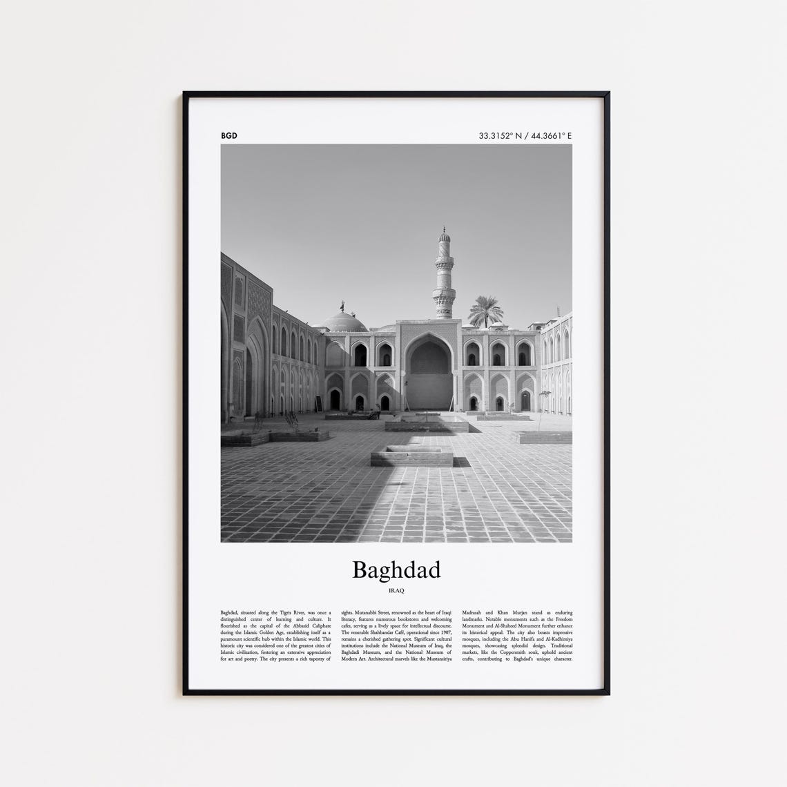 Baghdad Iraq Black And White Mosque Courtyard Minimal Travel Poster
