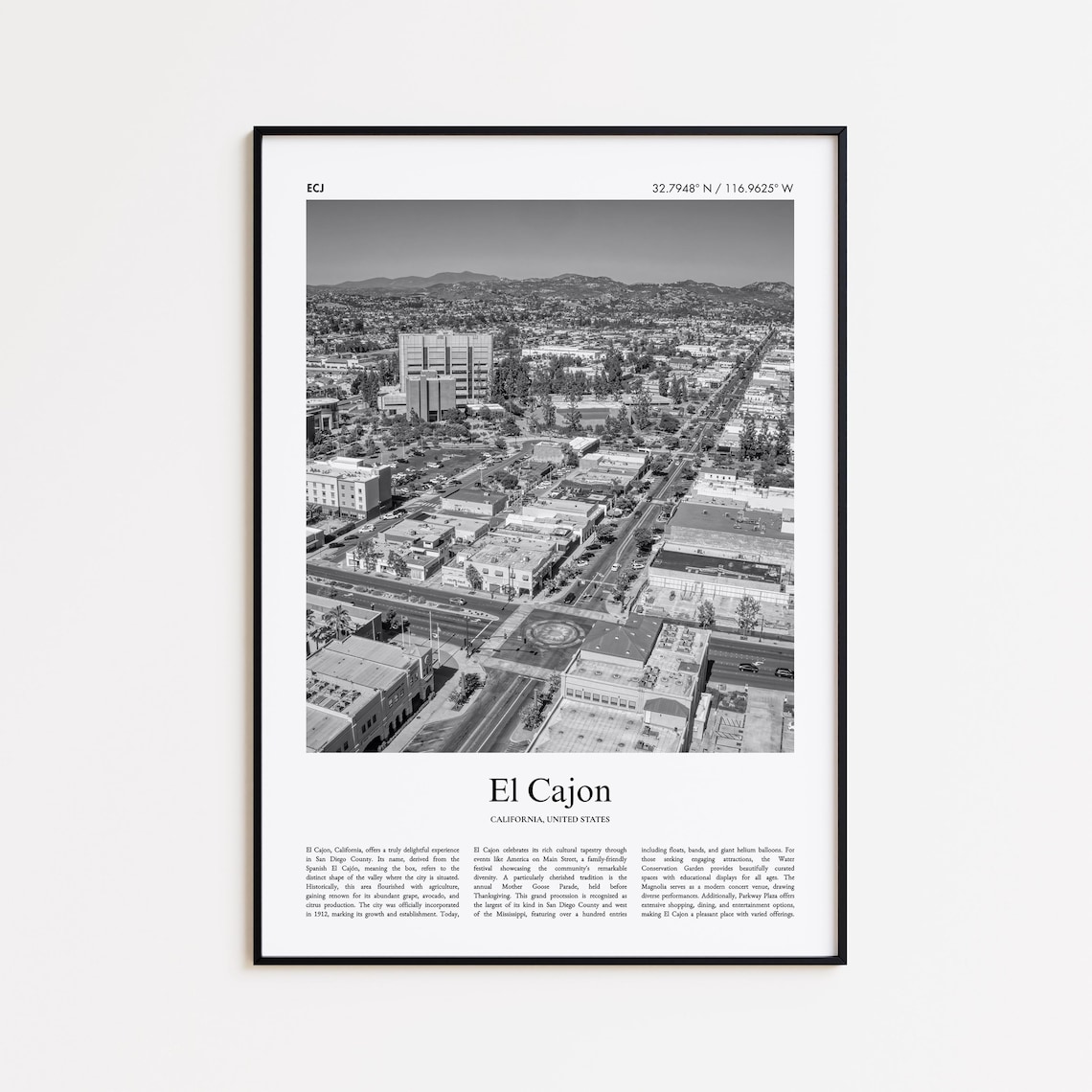 El Cajon California Black and White Aerial Cityscape Photo Poster