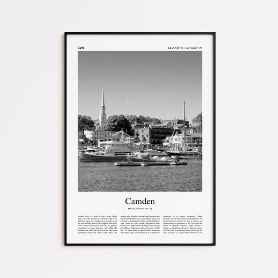 Camden Maine Harbor Boats Church Steeple Black And White Travel Poster