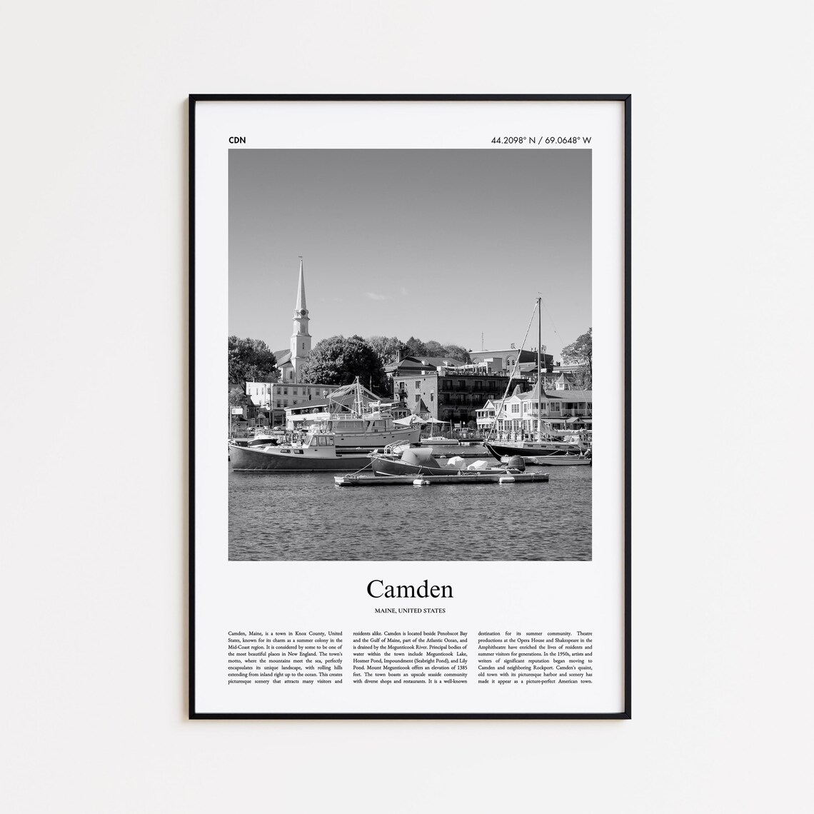 Camden Maine Harbor Boats Church Steeple Black And White Travel Poster