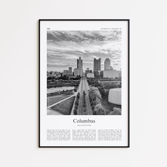 Columbus Ohio Skyline Black And White Photo Poster With City Coordinates