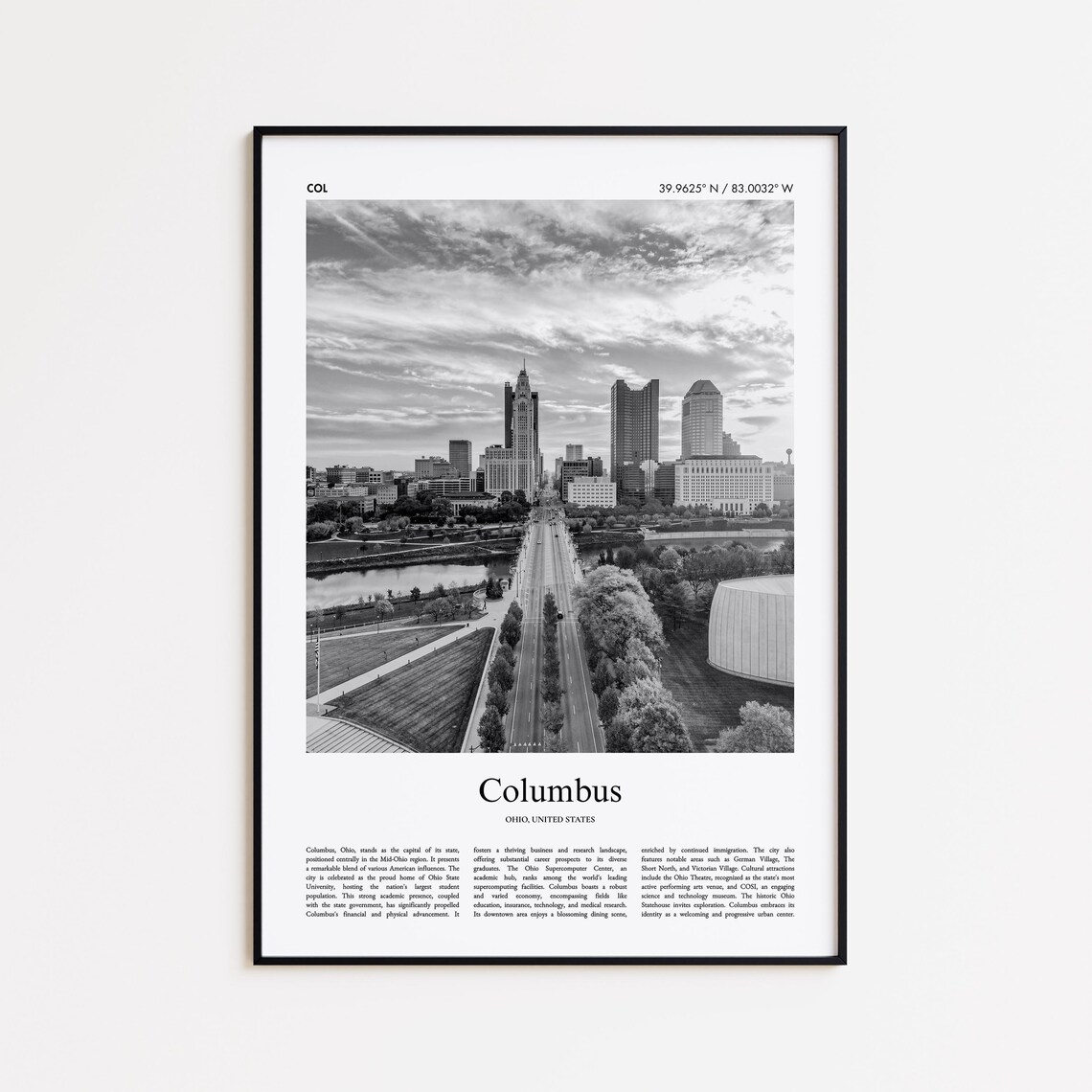 Columbus Ohio Skyline Black And White Photo Poster With City Coordinates
