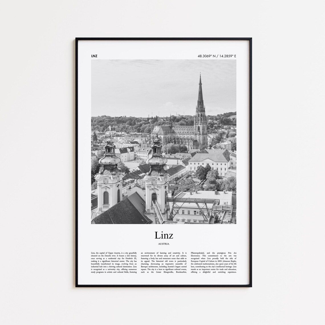 Linz Austria Historic Cathedral Spire Black and White Photo Poster