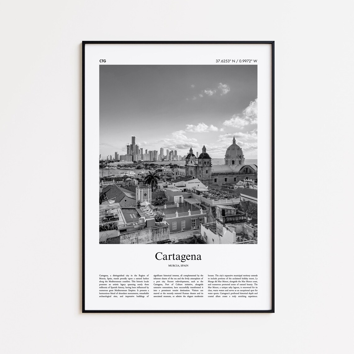 Cartagena Murcia Cathedral Domes Skyline Black and White Photo Poster
