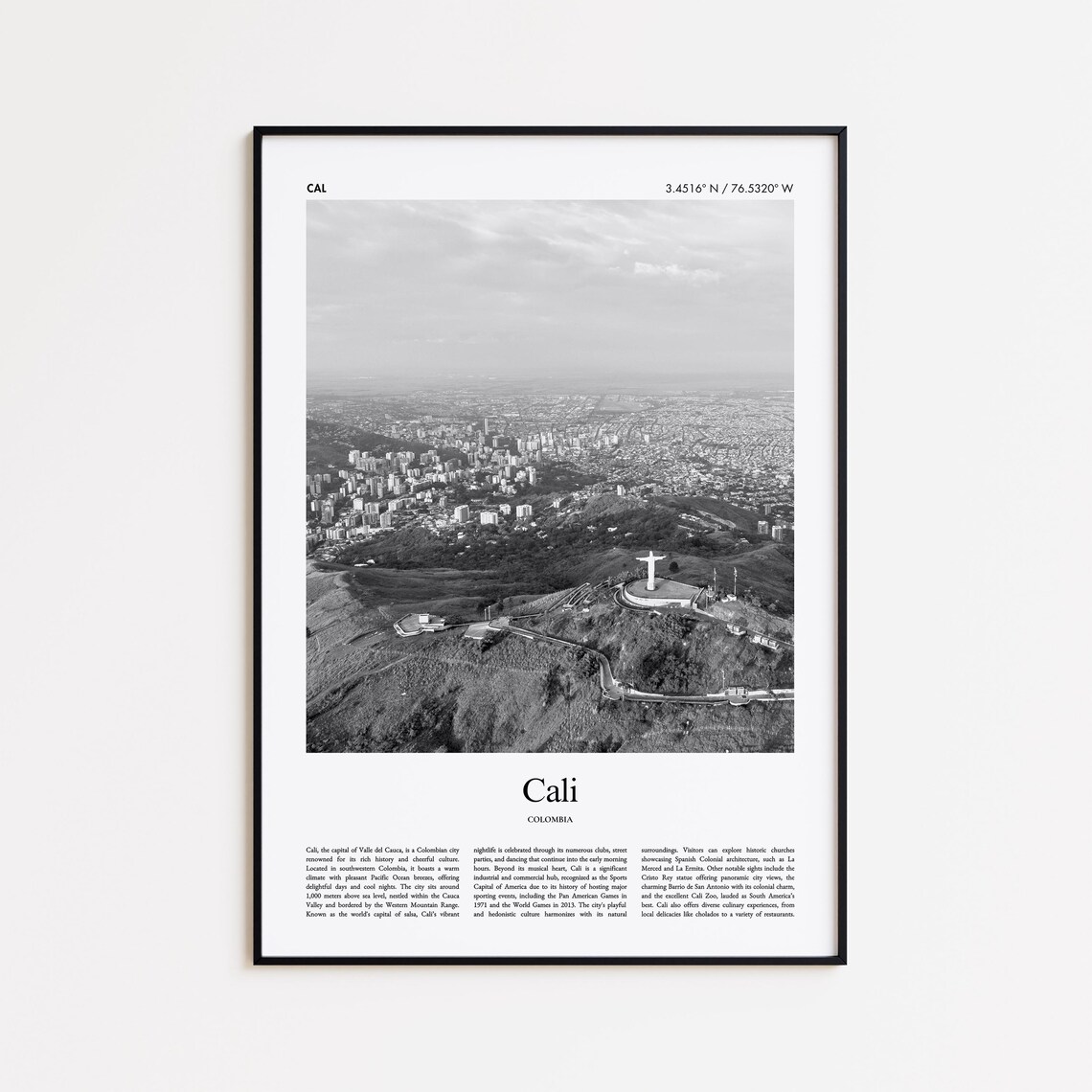 Cali Colombia Black and White Aerial Cityscape Photo Travel Poster