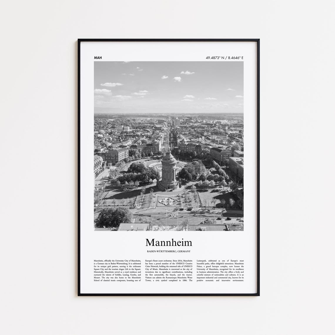 Mannheim Wasserturm Water Tower Black and White Germany Poster