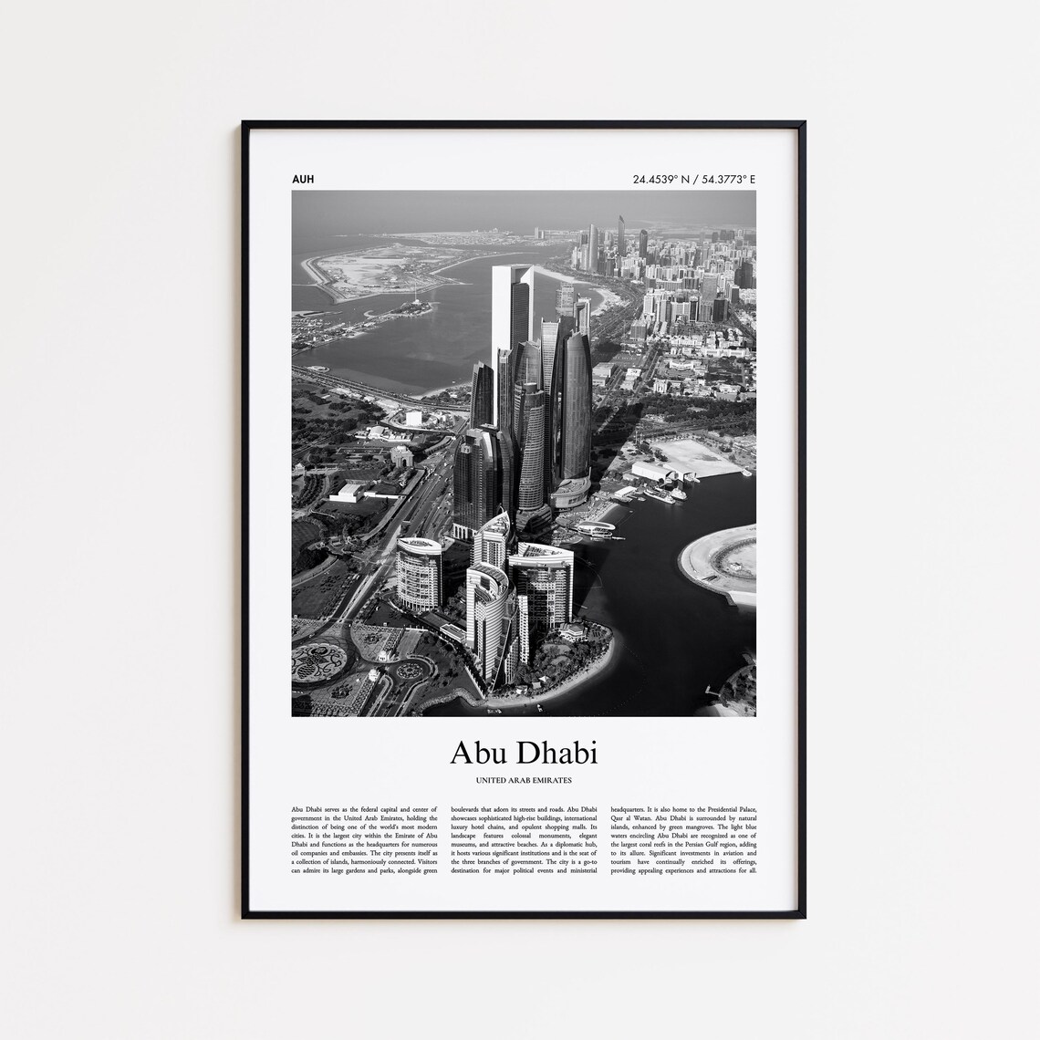Abu Dhabi UAE Black And White Skyline Photo Minimal Travel Poster