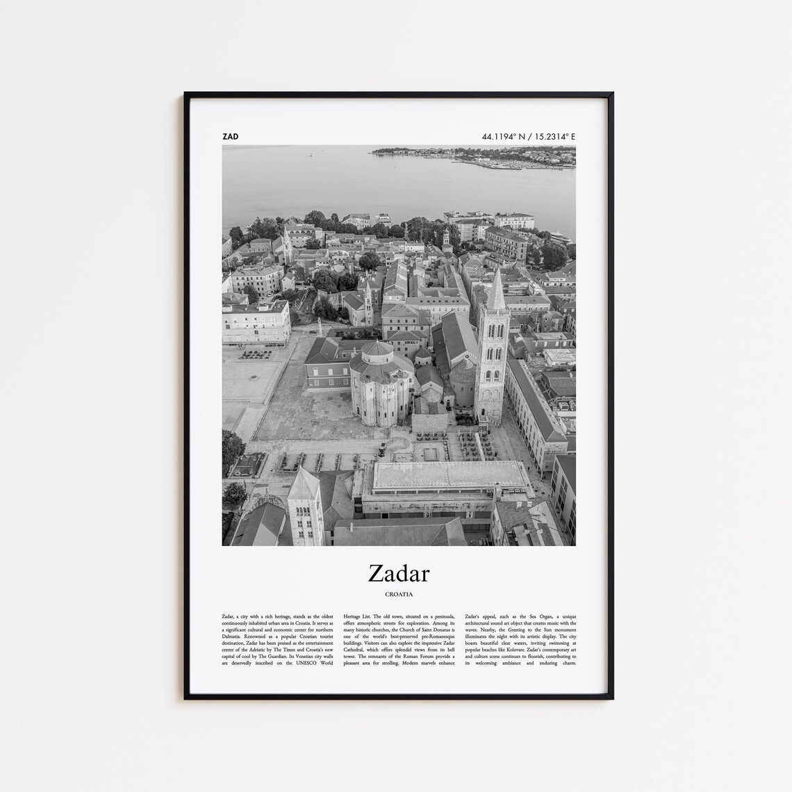 Zadar Croatia Old Town Aerial Black And White Photography Poster