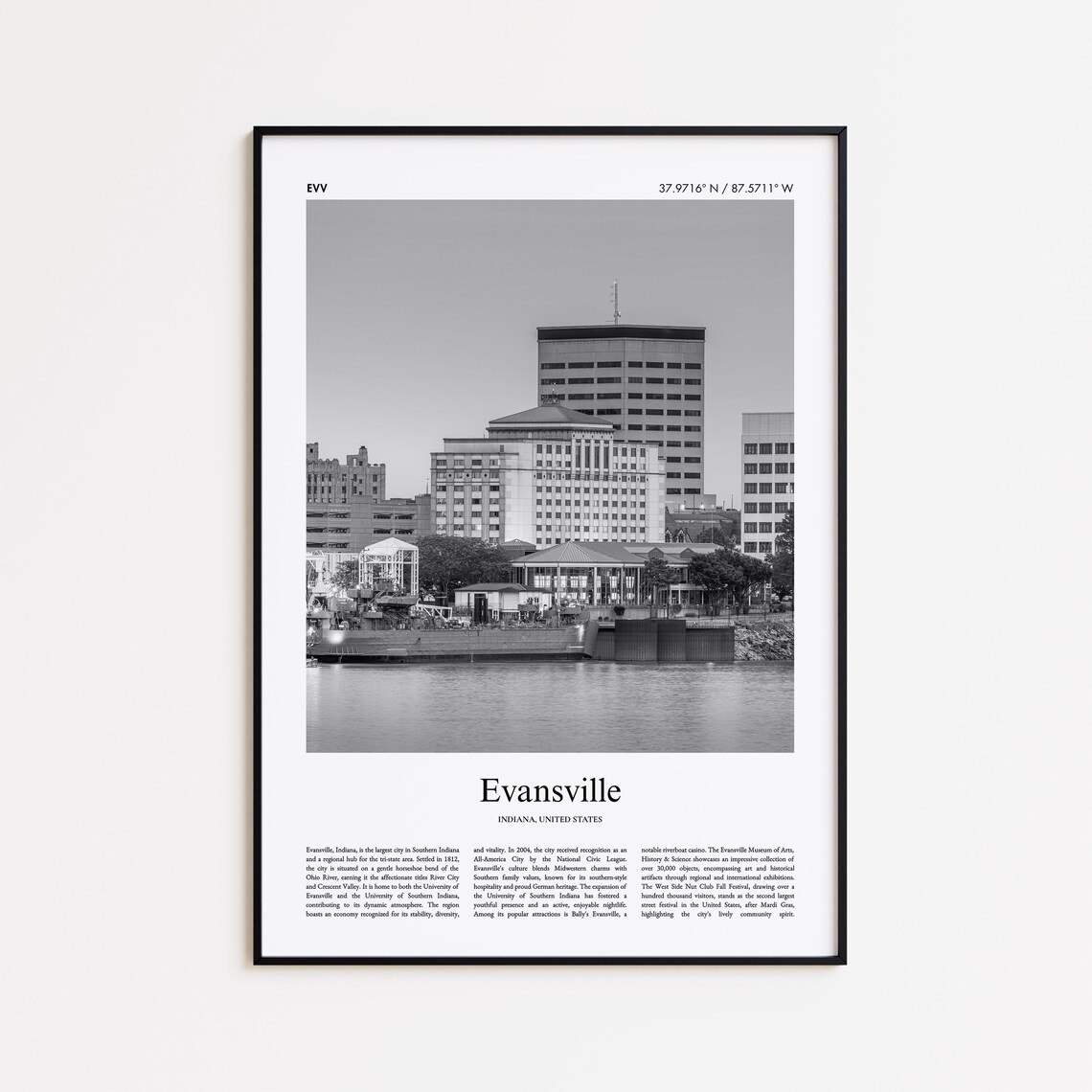 Evansville Indiana Riverfront Black and White Travel Photo Poster
