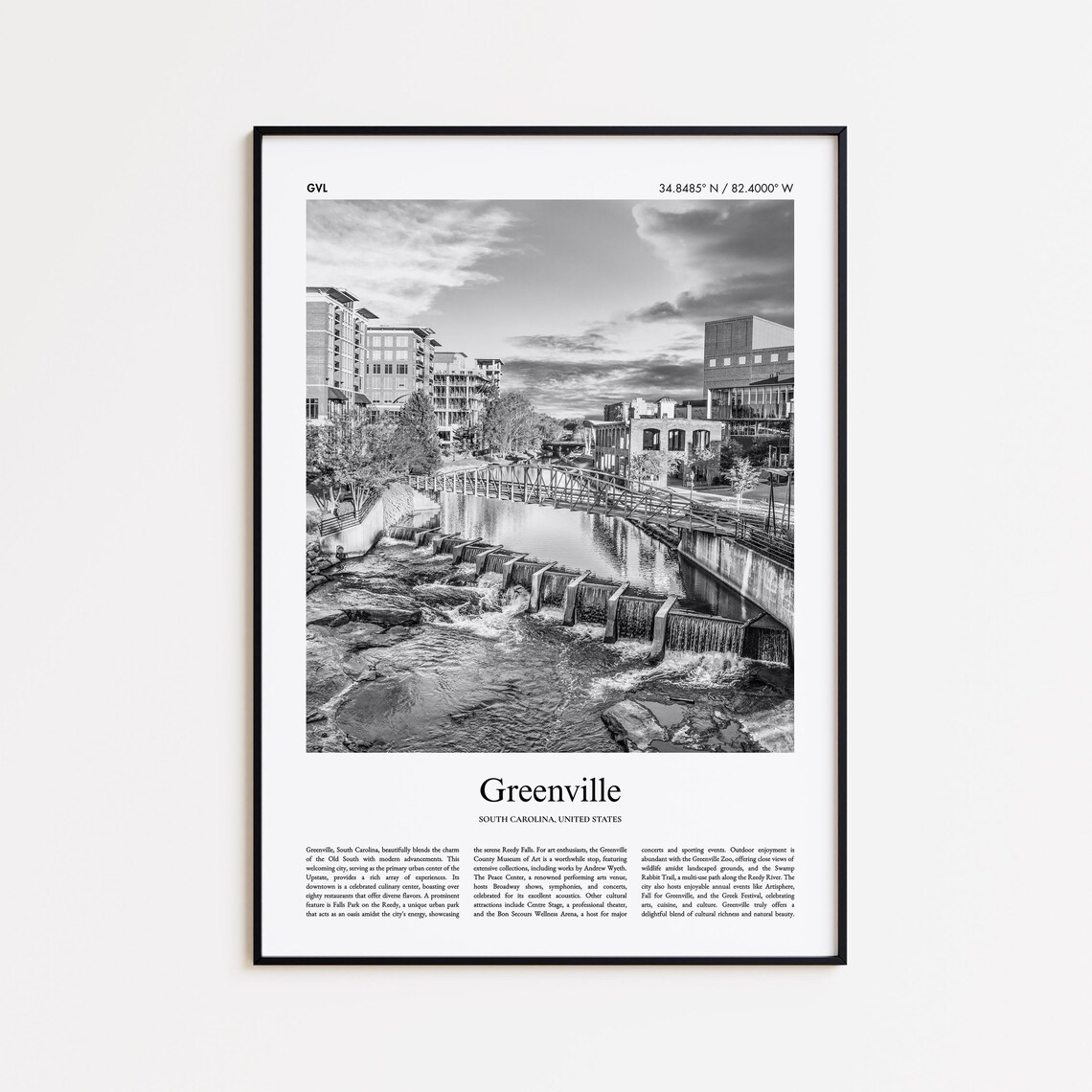 Greenville South Carolina Falls Park Black And White Photo Travel Poster