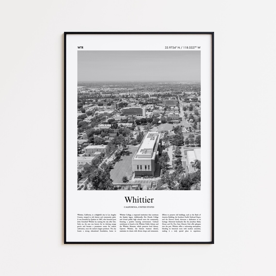 Whittier California Black And White Aerial Downtown City Photo Poster